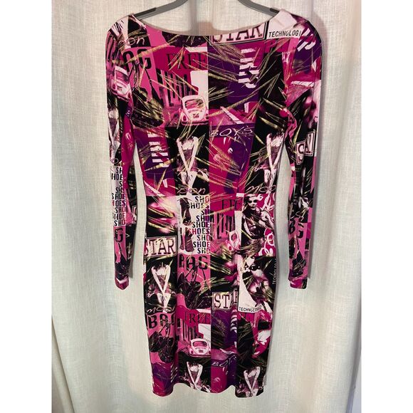 Cache Long‎ Sleeve Bodycon Dress Graphic Print Pink Black Gold Foil Size Small - Picture 2 of 4